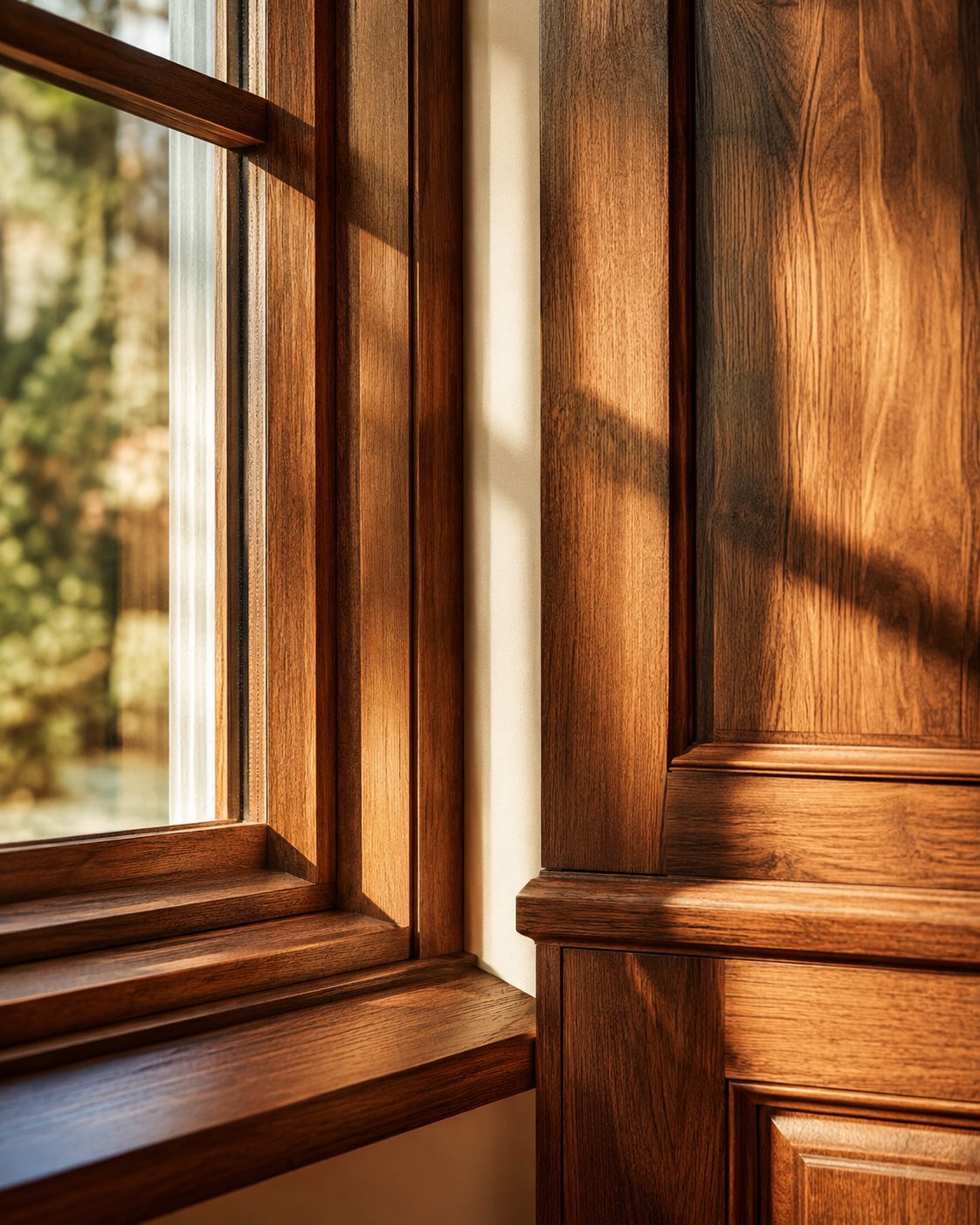 Detailaufnahme eines handgefertigten Holzfensters im warmen Morgenlicht